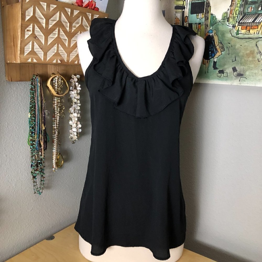 LUSH Blouse Women's size S Black Ruffled V Neck Sleeveless NEW